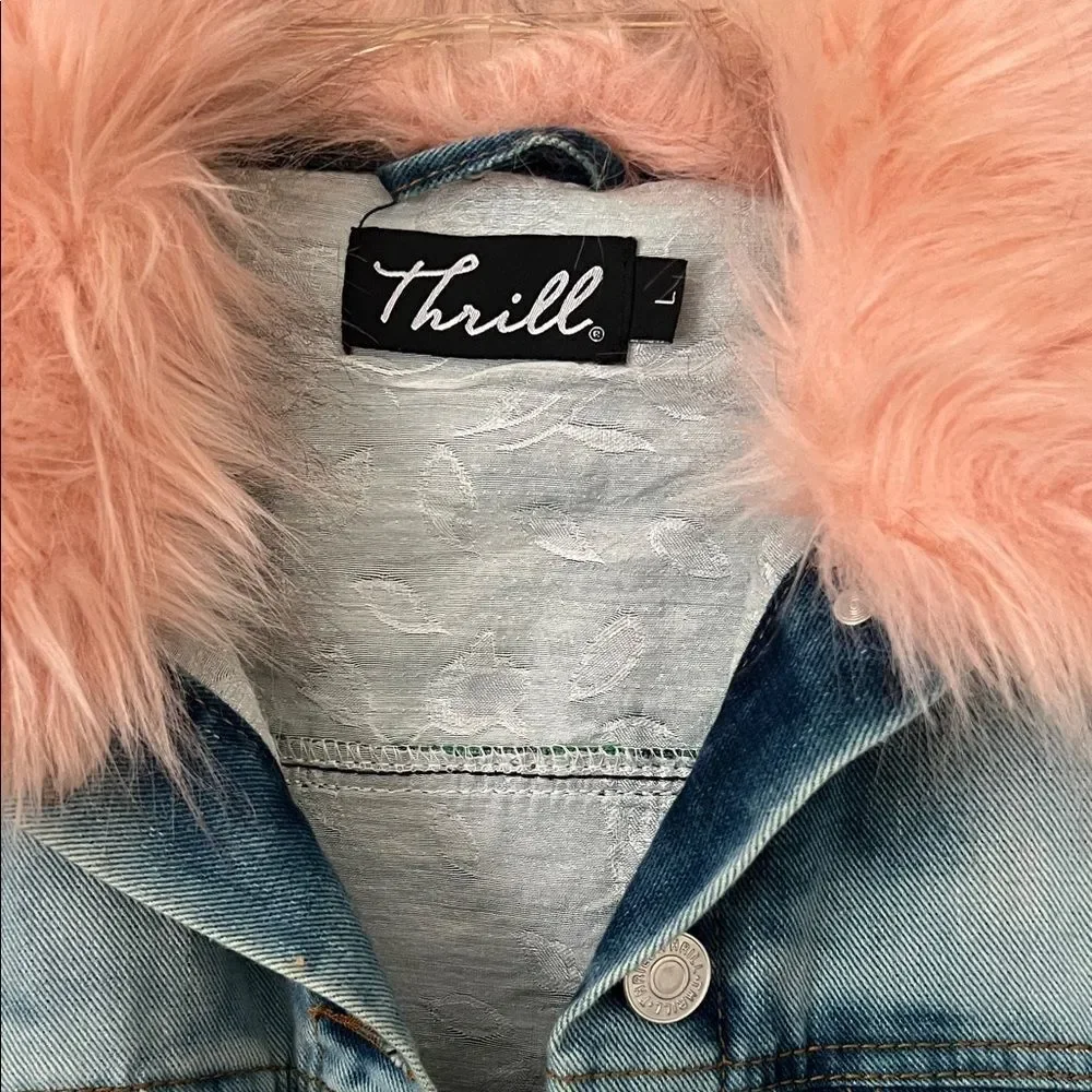 Like New! Thrill Denim Jacket with Light Pink Removable Faux Fur Collar in L